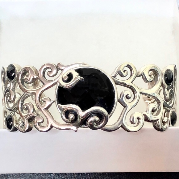 BARSE Sterling Silver Scroll Filigree Overlay Black Onyx Cabochon Cuff Bracelet - Picture 15 of 15
